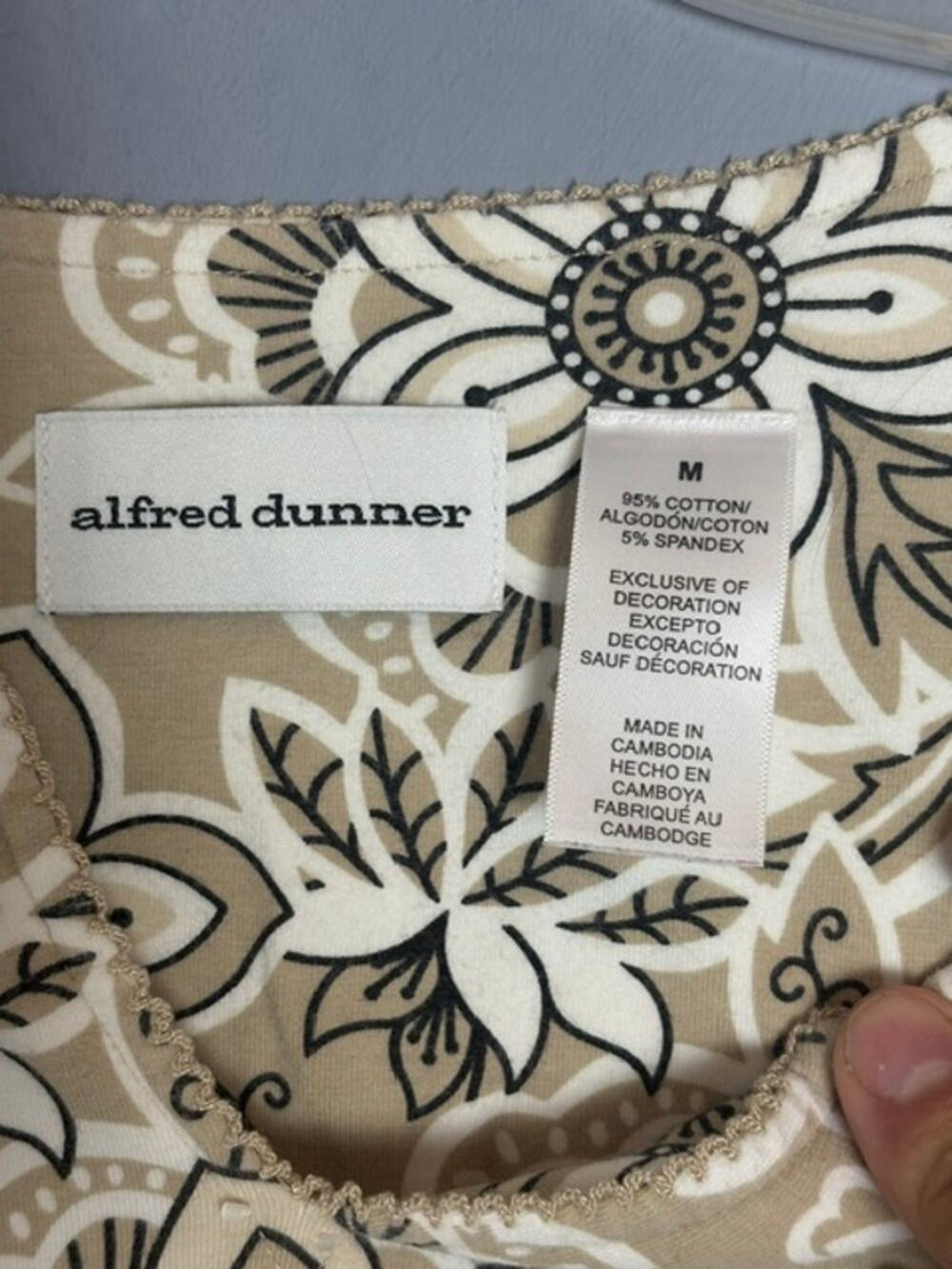 Alfred Dunner Womens Beige Floral 3/4 Sleeve Cotton Top Size Medium